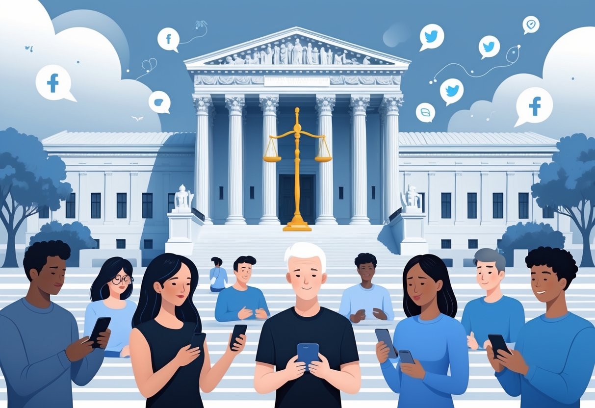 People using smartphones and laptops outside a Supreme Court building with a balanced scale hovering above them, symbolizing free speech and social media.