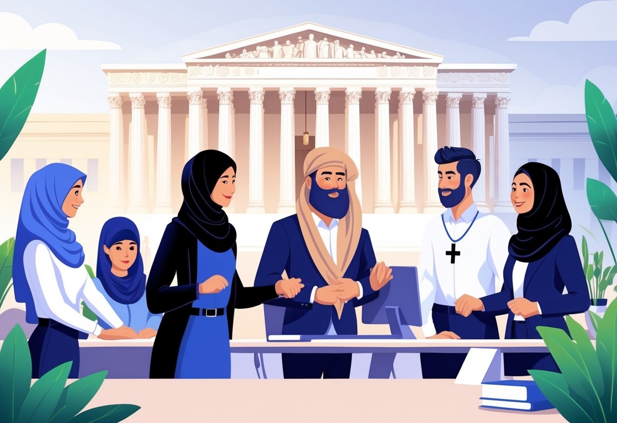 A diverse group of employees wearing different religious attire working together in an office with the Supreme Court building visible in the background.