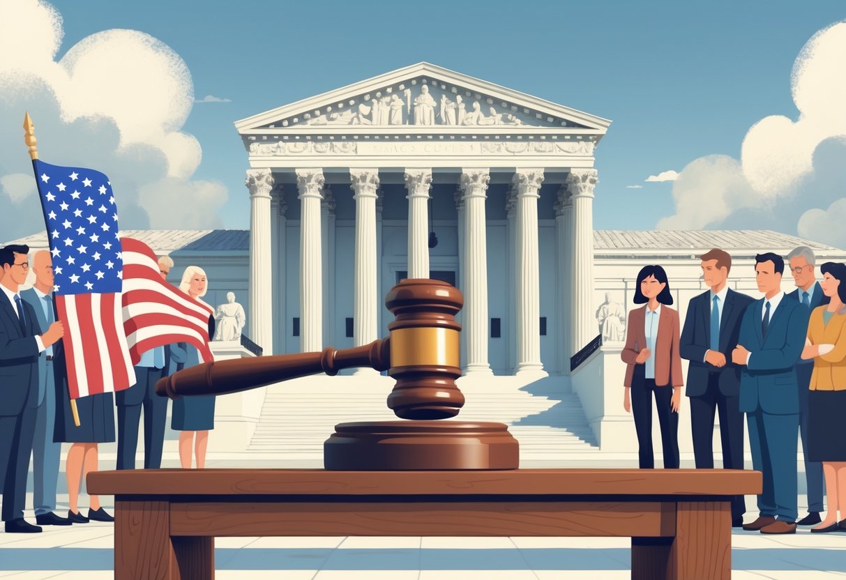 A gavel on a wooden bench in front of the Supreme Court building with people standing nearby, representing a court ruling about gun rights.
