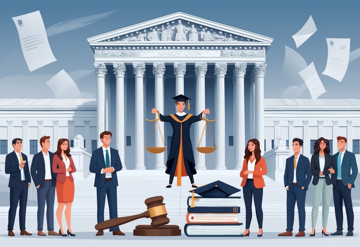 A Supreme Court building with a balanced scale showing books on one side and a graduation cap with loan documents on the other, surrounded by diverse young adults.