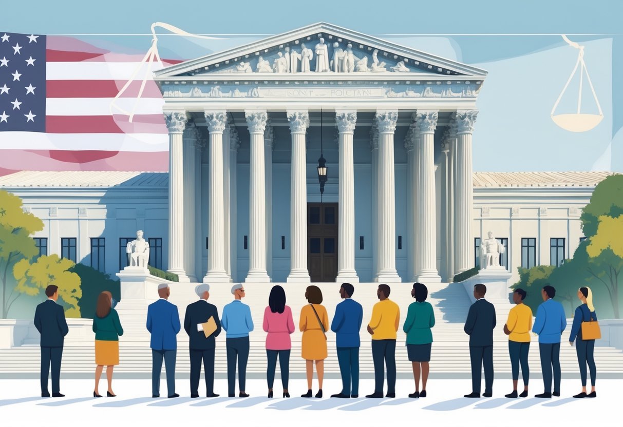 A courthouse with tall columns and scales of justice above the entrance, with a diverse group of people standing in line holding ballots outside.