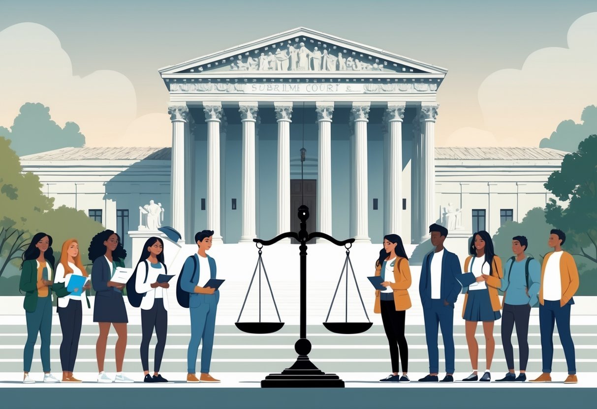 A diverse group of students standing in front of a courthouse with pillars, with a balanced scale of justice and a university campus in the background.