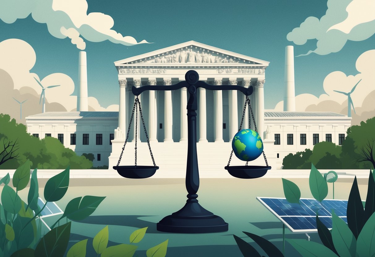 The Supreme Court building with a balanced scale of justice in front, one side holding a green Earth and the other a government building, surrounded by wind turbines, solar panels, and industrial smokestacks.