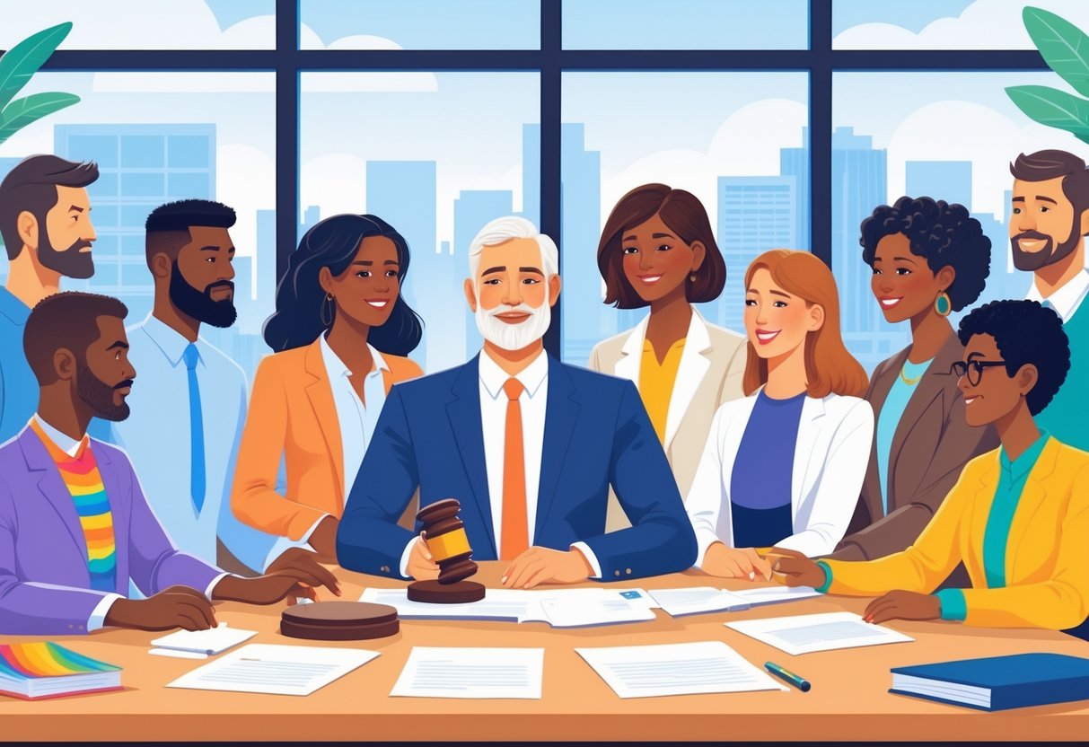 A diverse group of people in an office having a respectful discussion around a table with legal documents and a gavel, symbolizing workplace equality and LGBTQ+ rights.