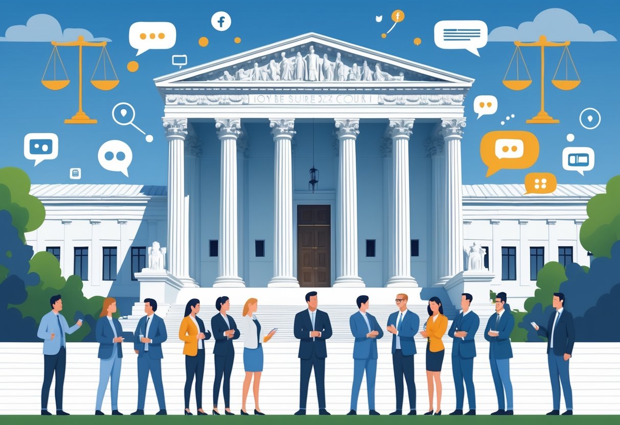 A group of diverse people discussing in front of the Supreme Court building with digital icons and scales of justice floating around them.