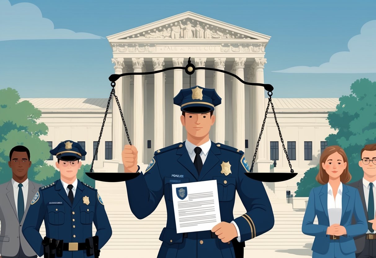 A balanced scale of justice in front of the Supreme Court building with a police officer holding a search warrant and civilians standing together, representing police searches and Fourth Amendment rights.