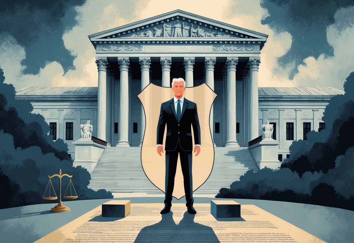 A figure representing the President stands protected by a shield in front of the Supreme Court building, surrounded by symbols of justice like scales and a gavel.