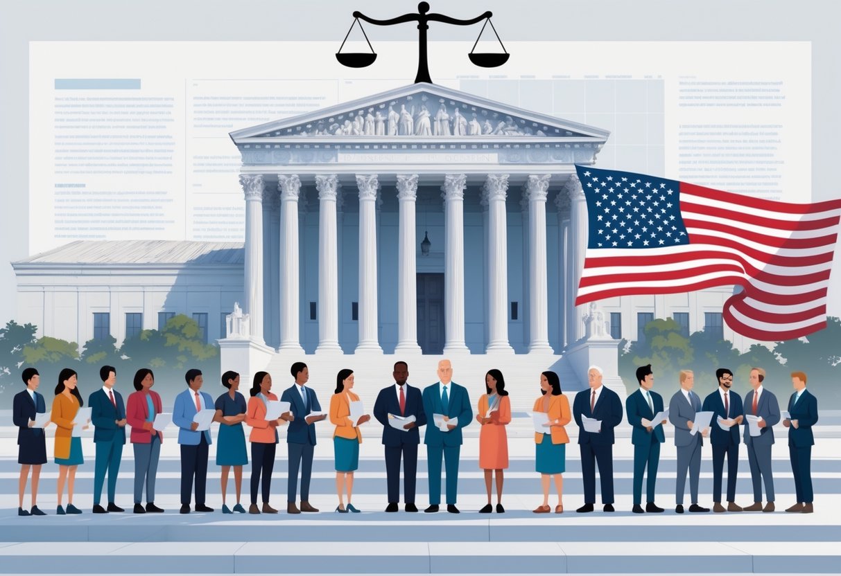 People representing immigrants and government officials stand on opposite sides with the Supreme Court building in the background and a large American flag overlaying the scene.