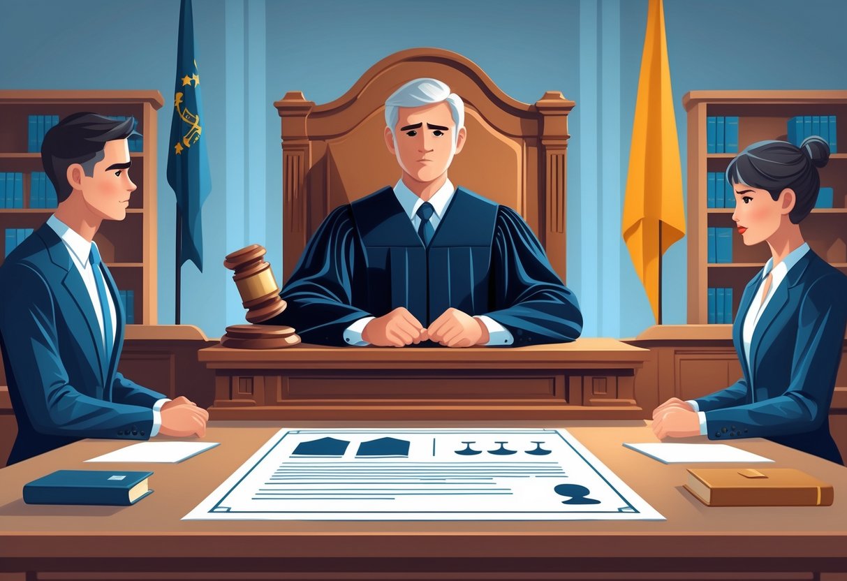 A courtroom scene with a judge holding a gavel behind a bench, a large legal document between two people, one looking concerned and the other frustrated.