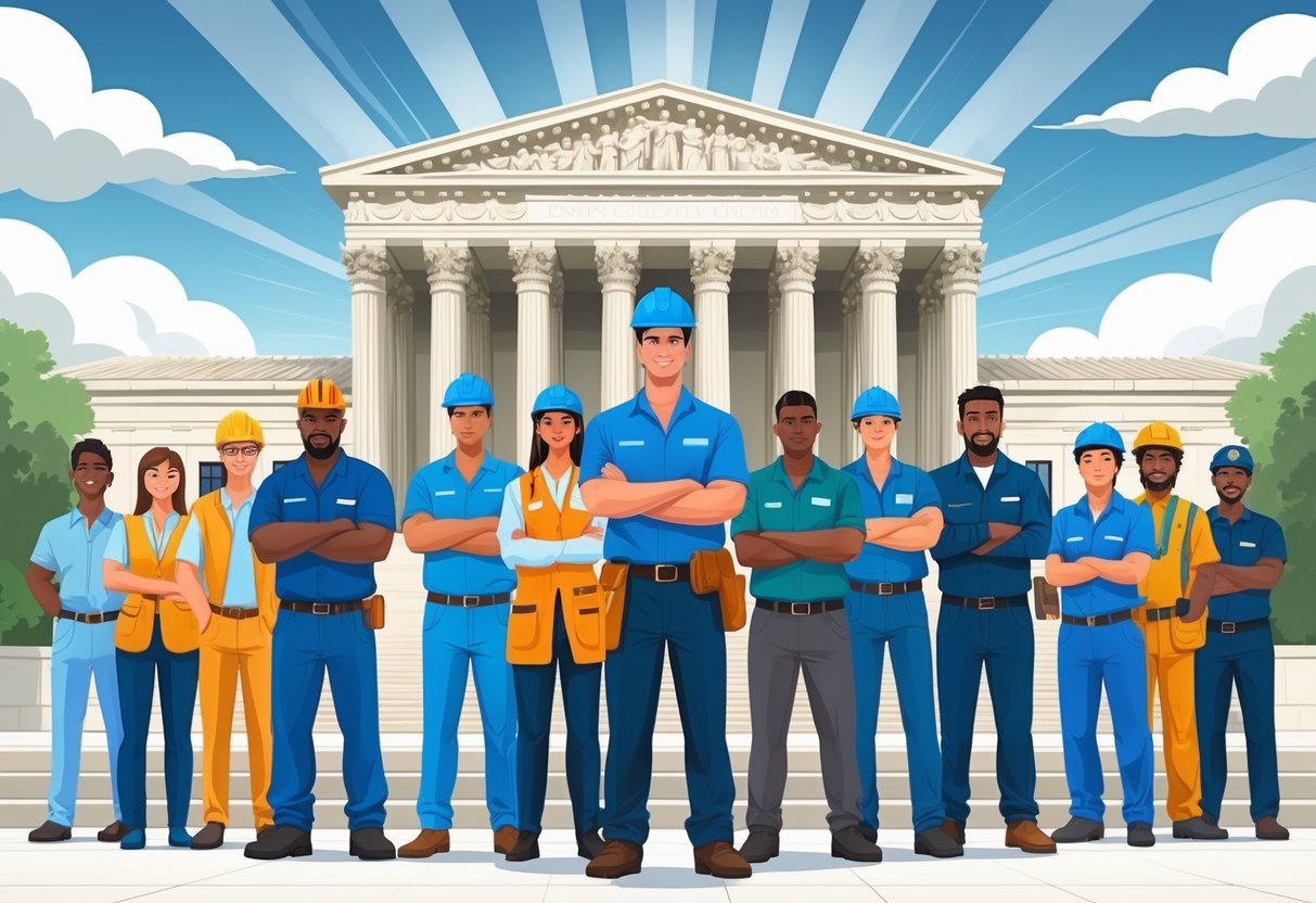A diverse group of workers standing united in front of the Supreme Court building, showing determination and hope.