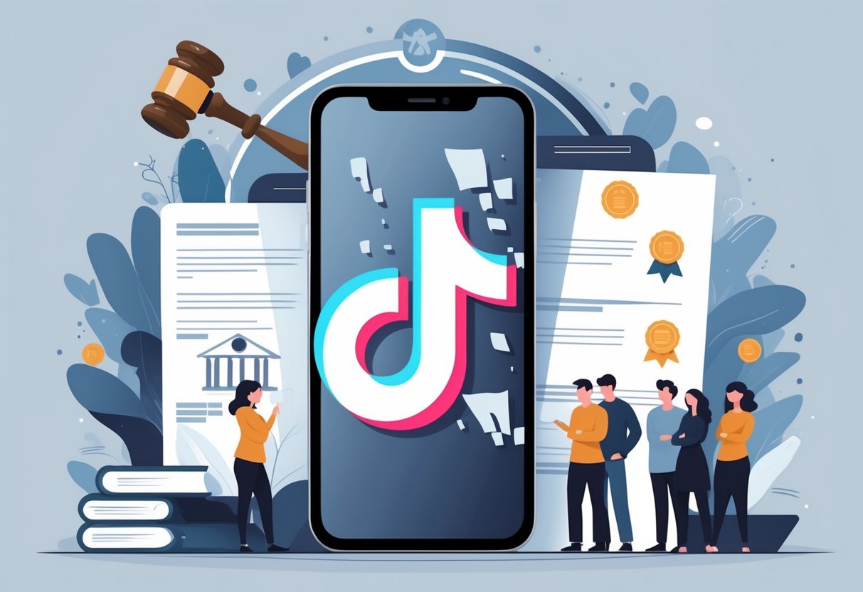 A large smartphone with a fading TikTok logo surrounded by legal symbols like a gavel and scales of justice, with people in the background appearing concerned and engaged in discussion.
