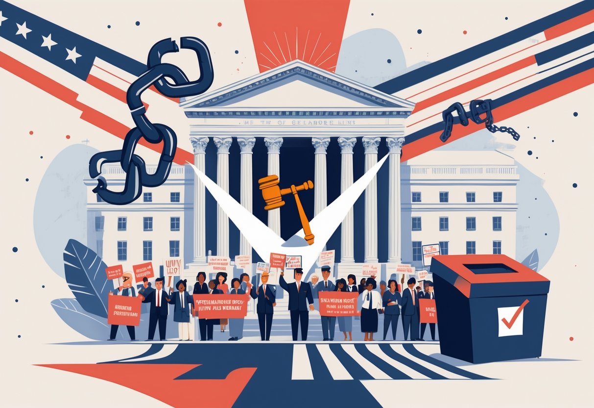 Illustration showing five symbolic images representing major U.S. laws changed after public outrage, including broken chains, a gavel, protesters, a government building, and a ballot box.