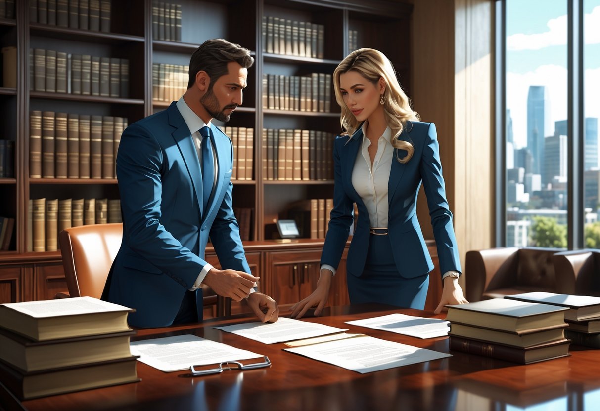Two lawyers in a law office reviewing documents at a desk with bookshelves and a city view in the background.