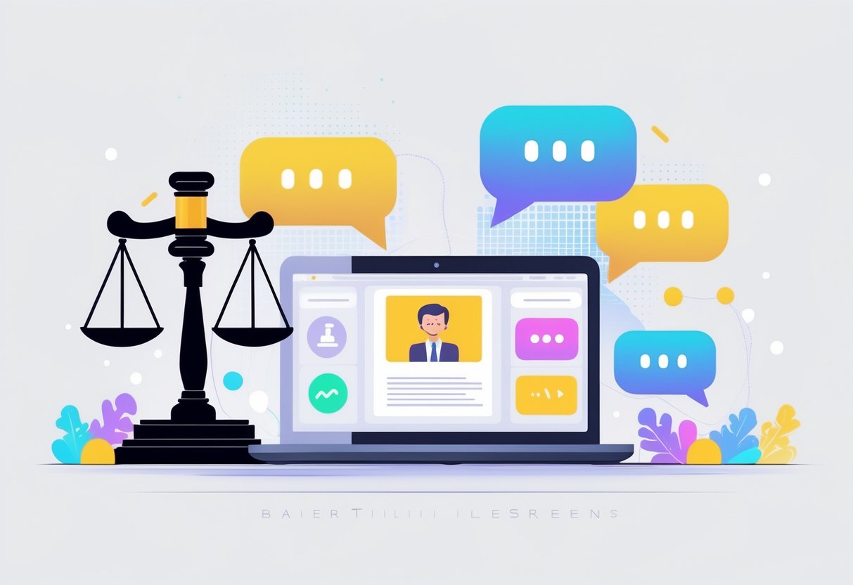 A laptop showing a meme surrounded by a gavel, scales of justice, and colorful meme icons, representing the legal aspects of sharing memes online.