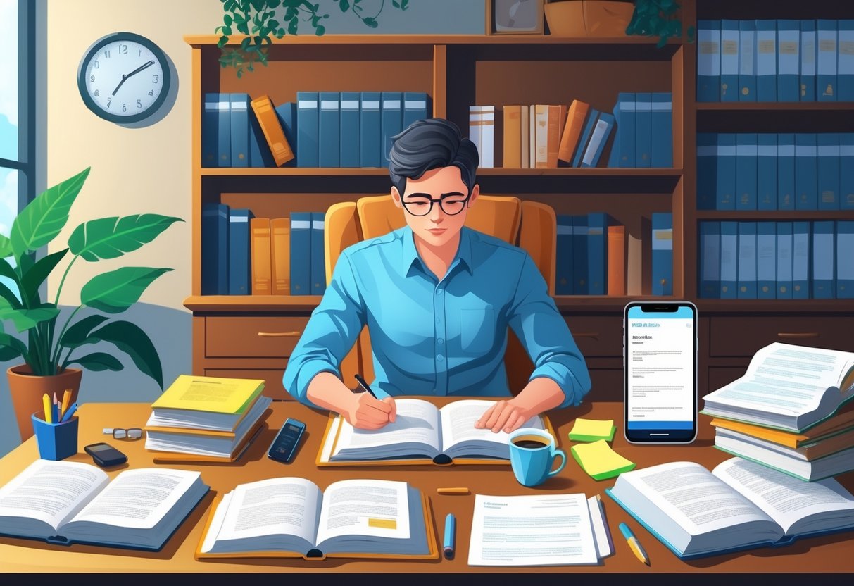 A law student studying at a desk with books, a laptop, and a smartphone in a well-organized room.