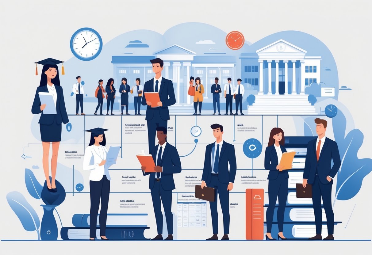 A scene showing the stages of becoming a lawyer in the U.S., from graduating high school, attending college and law school, taking the bar exam, to practicing as a lawyer.