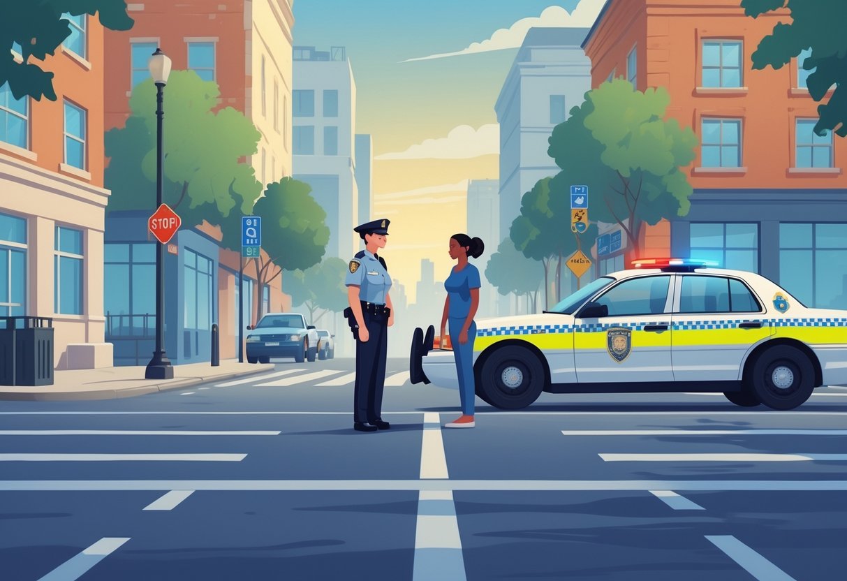 A police officer and a civilian calmly talking on a city street near a police car with flashing lights.