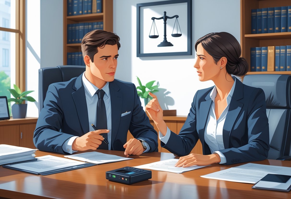 A lawyer and client sitting at a desk in a law office discussing legal matters with documents and a voice recorder on the table.