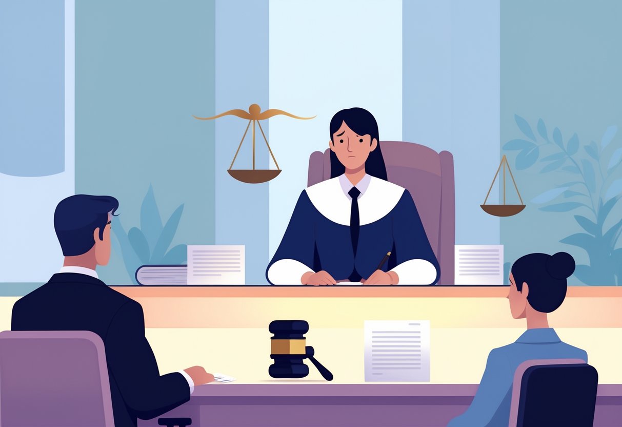 A courtroom scene showing a worried person with a lawyer and a judge listening attentively, with symbols of justice like scales and a gavel visible.