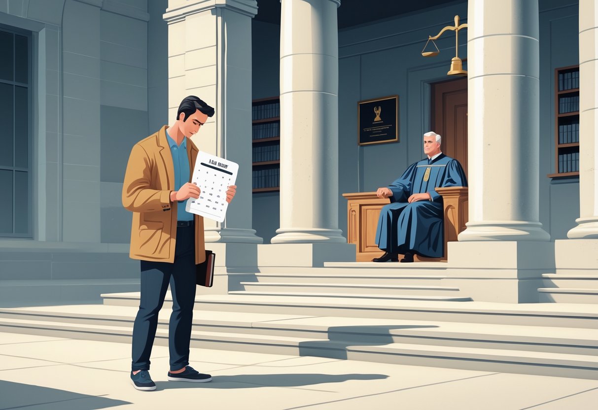 A worried person standing outside a courthouse, looking at a calendar with a missed date while holding a letter, with a judge seated inside behind a bench.