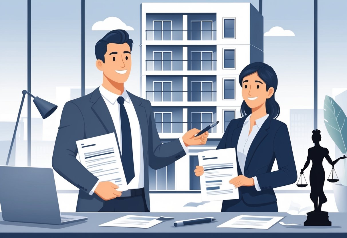 A person holding a lease agreement and pen, talking with a lawyer in front of an apartment building, with legal documents and a scale of justice on a desk nearby.