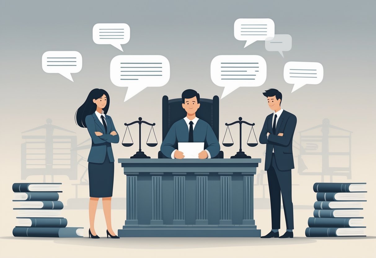 A courtroom scene with a judge, a plaintiff holding a document, and a distressed defendant, with floating speech bubbles symbolizing harmful statements and legal symbols in the background.