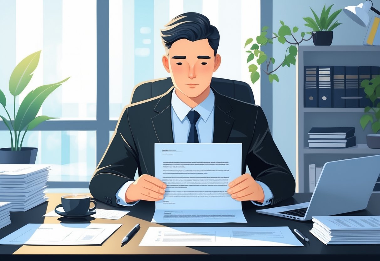 A person sitting at a desk reviewing an official letter in an office setting.