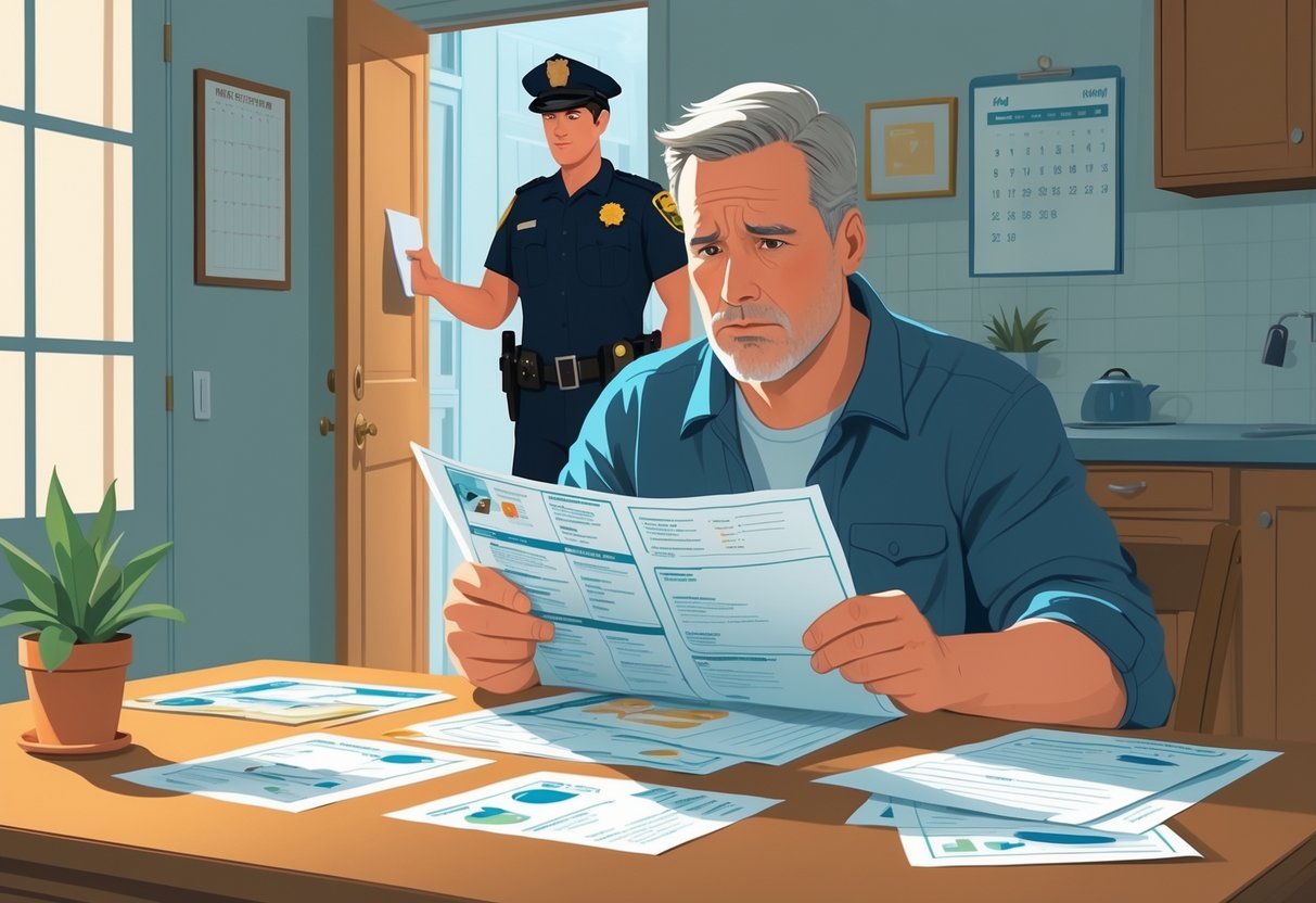 An adult sitting at a kitchen table looking worried while a police officer stands at the doorway holding a clipboard.