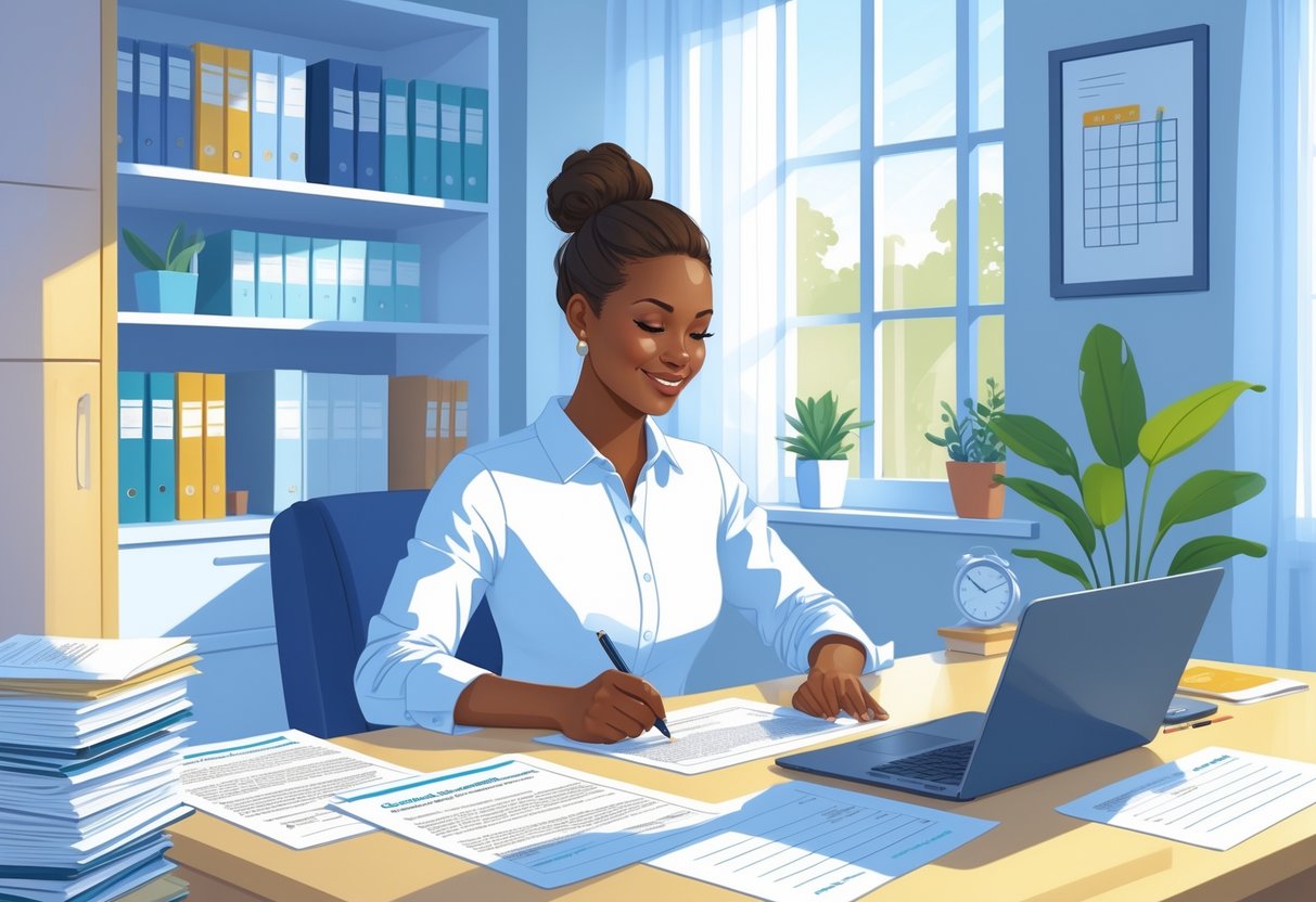 A person sitting at a desk in a home office, filling out legal forms with paperwork, a laptop, and a calendar nearby.