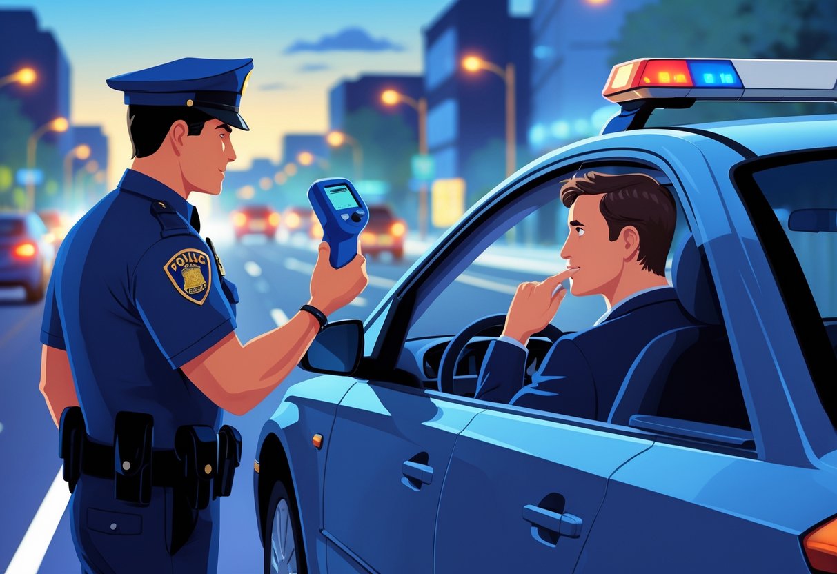 A police officer speaks with a driver in a car at a roadside, holding a breathalyzer device while the driver looks hesitant.