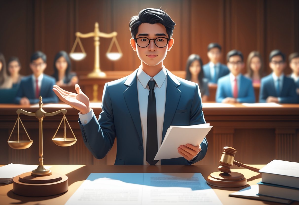 A person in formal clothes stands in a courtroom holding a document, with a judge's bench and legal symbols like scales and a gavel visible around them.