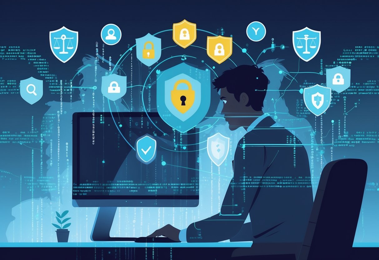 A person at a computer surrounded by digital data streams and icons of privacy protection, with a shadowy figure in the background representing a threat to personal information.