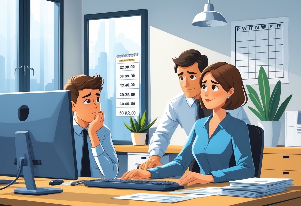 An employee sitting at a desk looking concerned while talking to a manager in an office setting.