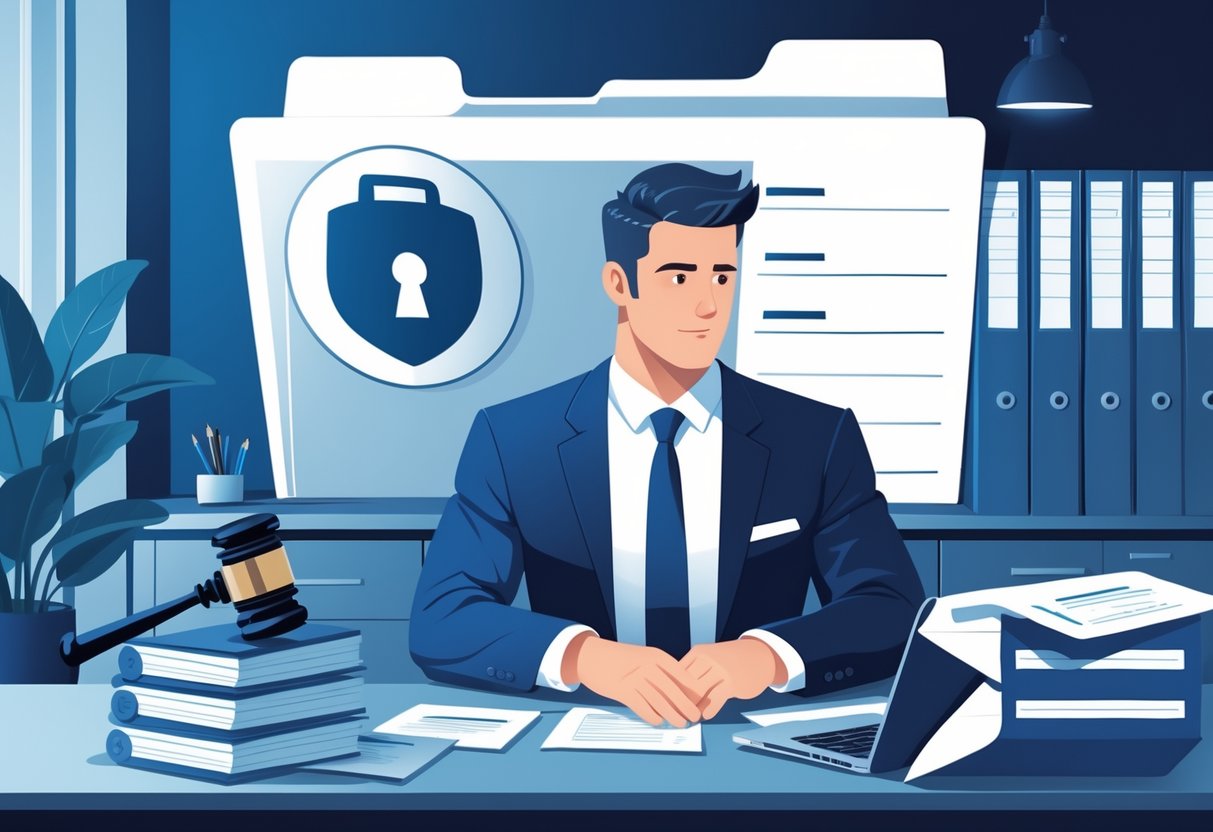 A lawyer reviewing legal documents at a desk with a filing cabinet and a locked file folder symbolizing the sealing of a criminal record.