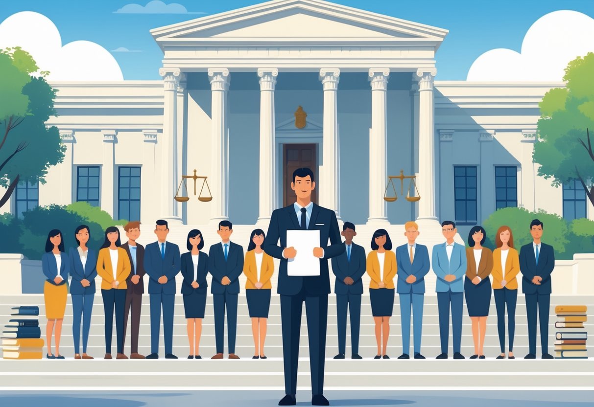 A group of diverse people standing together in front of a courthouse with a lawyer holding a legal document addressing them.