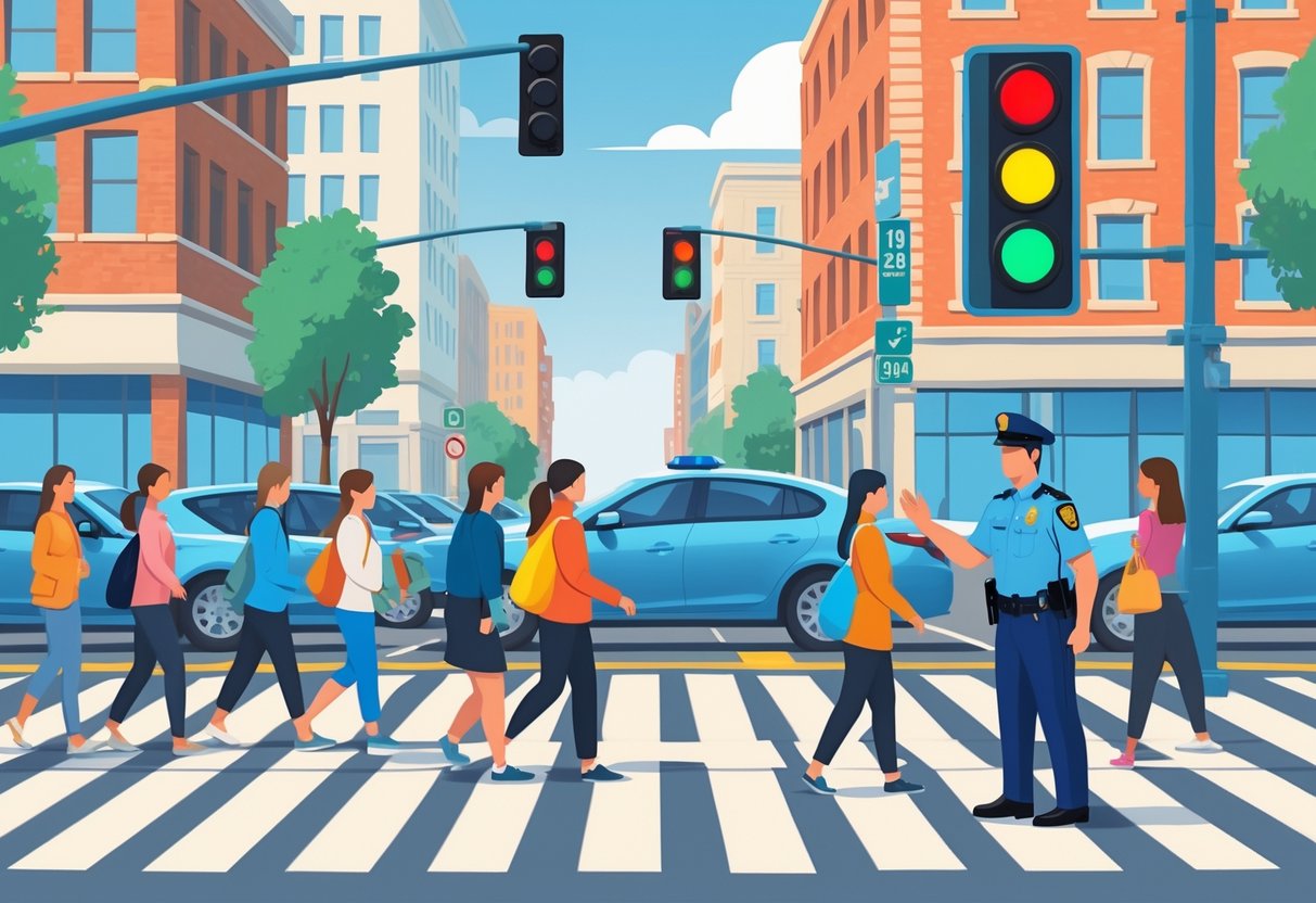 A city street with pedestrians waiting at a crosswalk, one person crossing outside the crosswalk, cars stopped, and a police officer signaling to the jaywalking pedestrian.