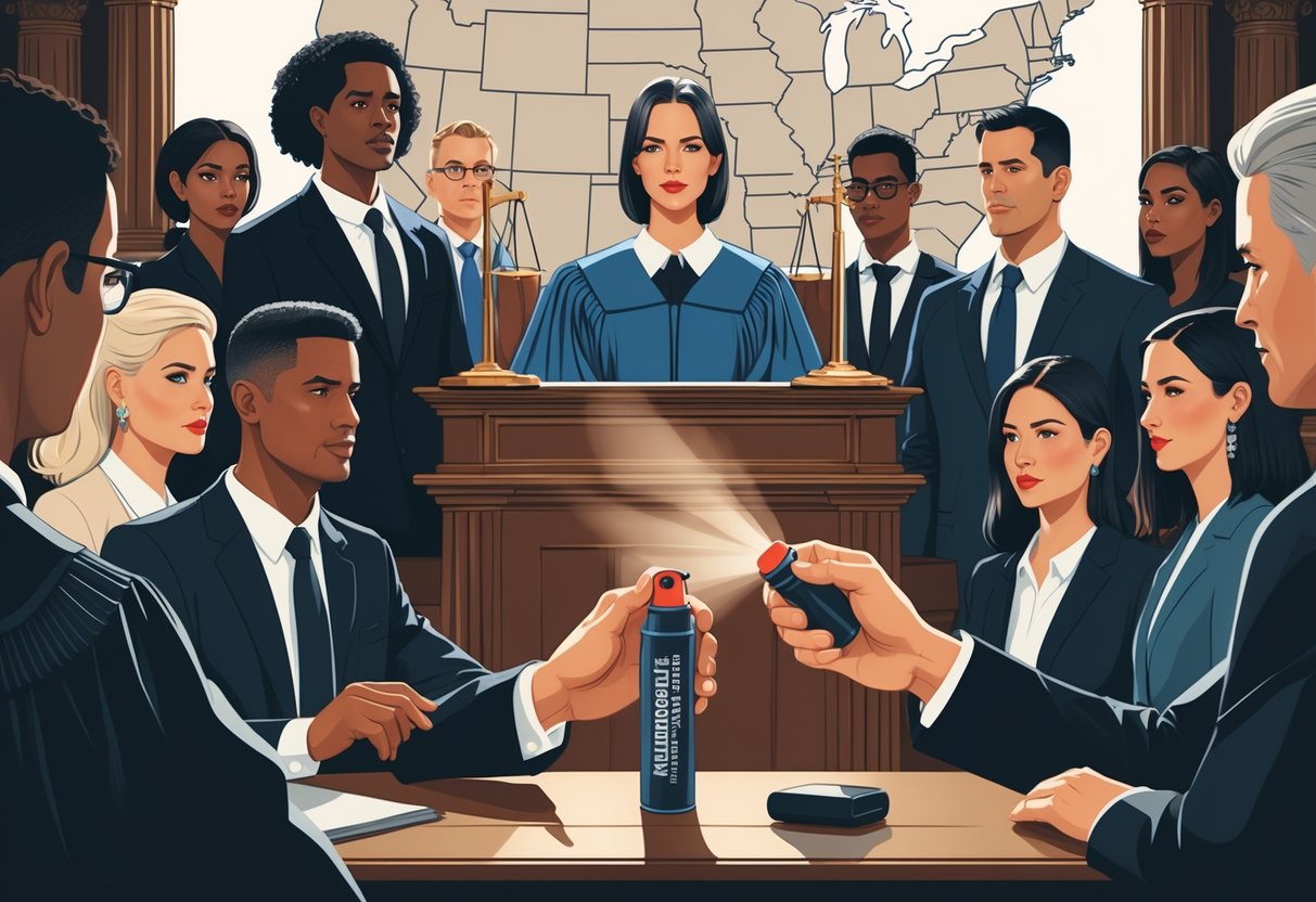 A courtroom scene with a judge's gavel and scales of justice, a hand holding pepper spray, and a map showing different U.S. states.