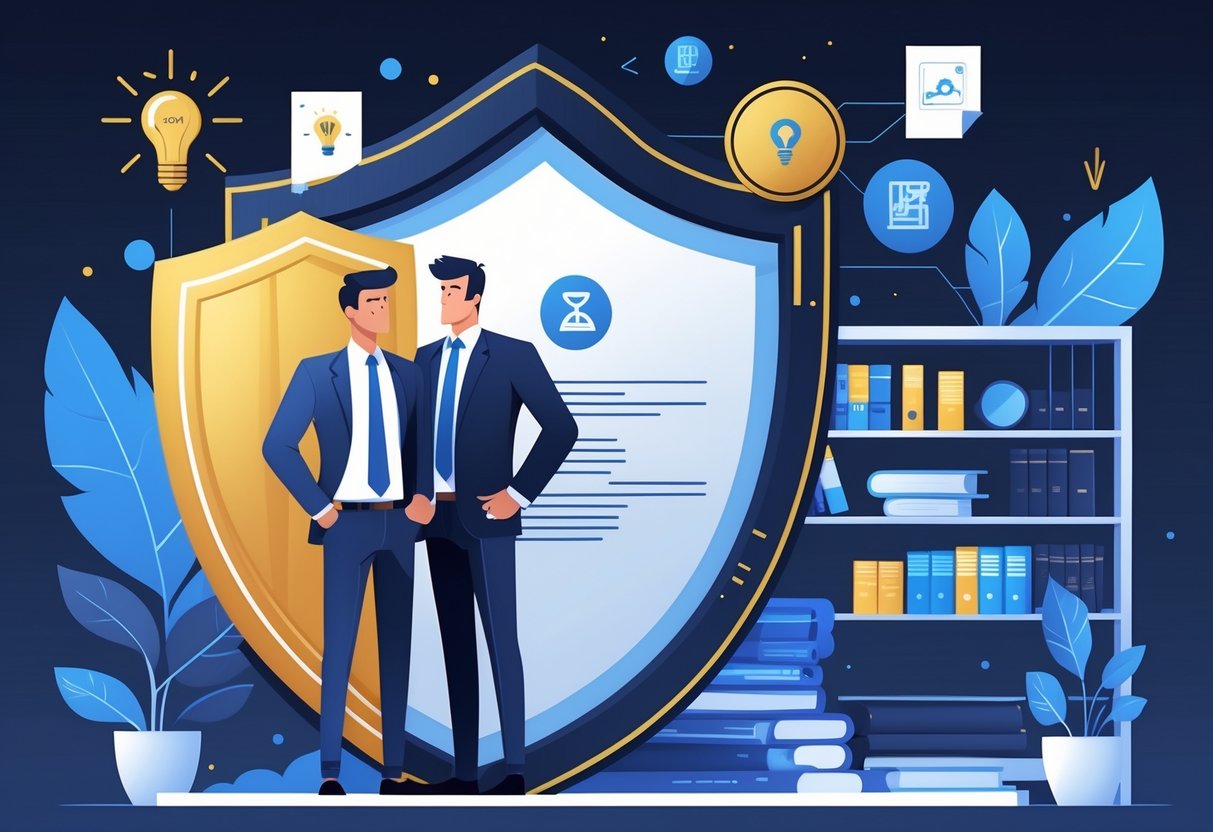 A businessperson standing next to a large shield surrounded by icons representing inventions, copyrights, trademarks, and patents in an office setting.