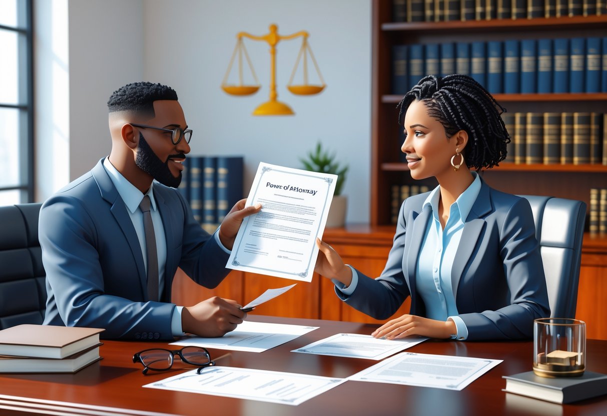 Two adults sitting at a desk exchanging a signed legal document in an office with law books and justice scales in the background.