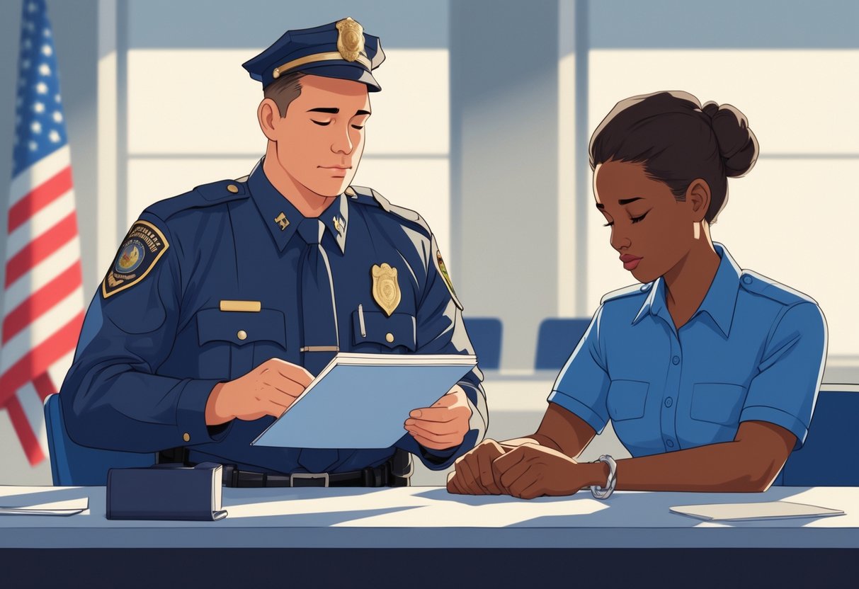 A police officer reading rights to a handcuffed person in an interrogation room with an American flag in the background.