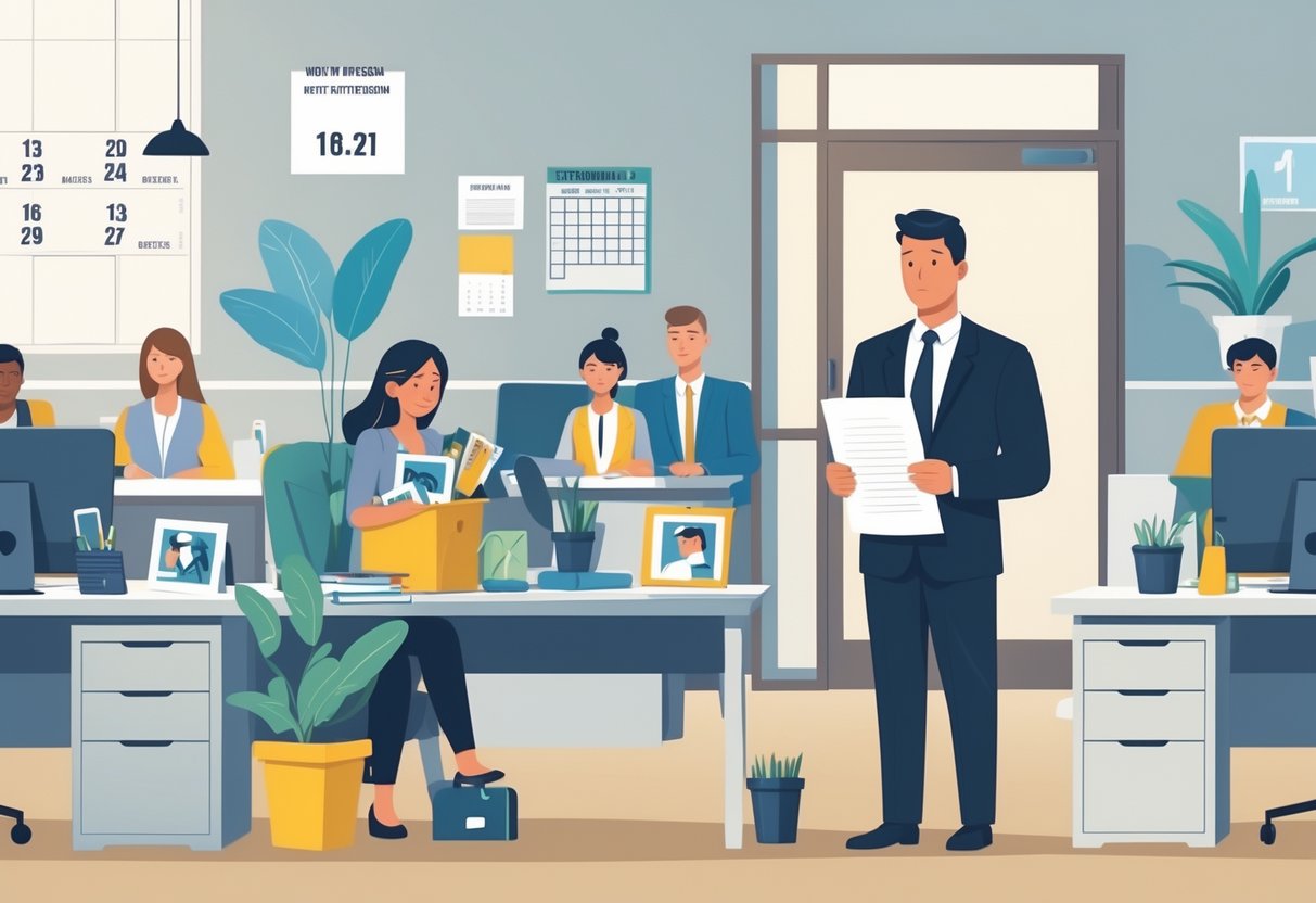 An office scene where an employee is packing personal belongings while a manager stands nearby holding a document, suggesting sudden job termination.
