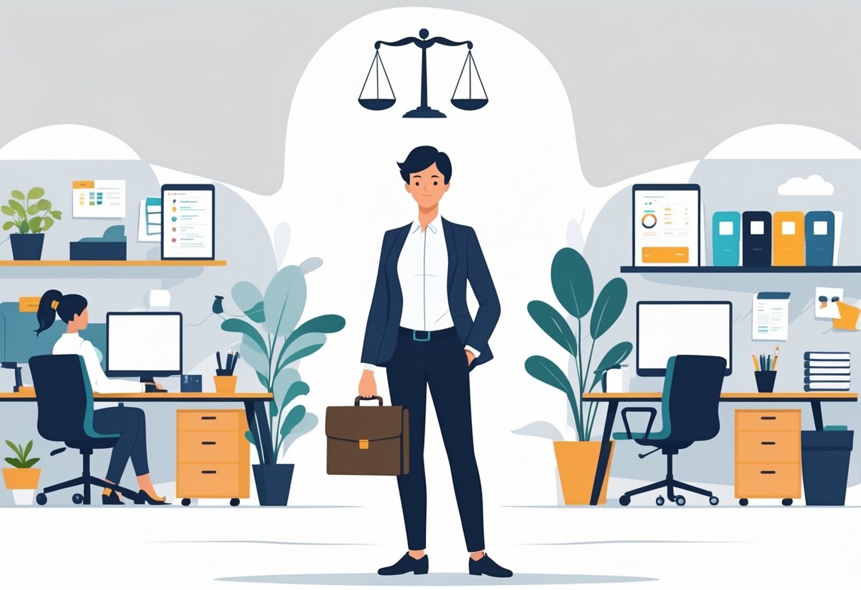 A person holding a briefcase and a laptop stands between two different workspaces, with scales of justice above them.