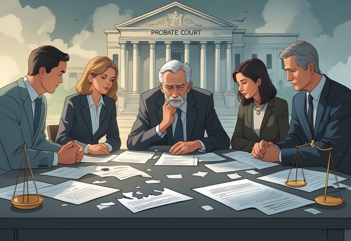 A family gathered around a table with legal papers, an elderly person looking concerned, and a courthouse in the background.