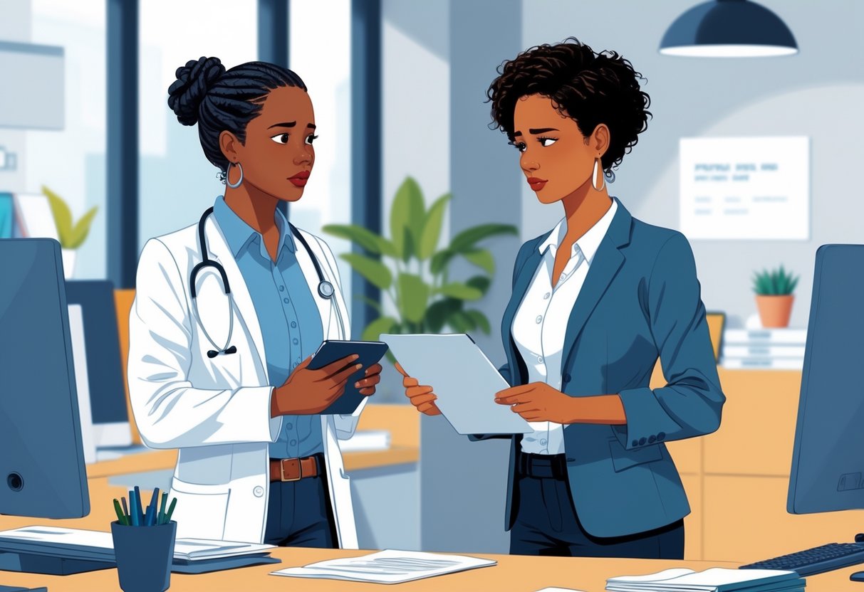 An employee and a workplace representative discussing a drug test in a modern office setting.