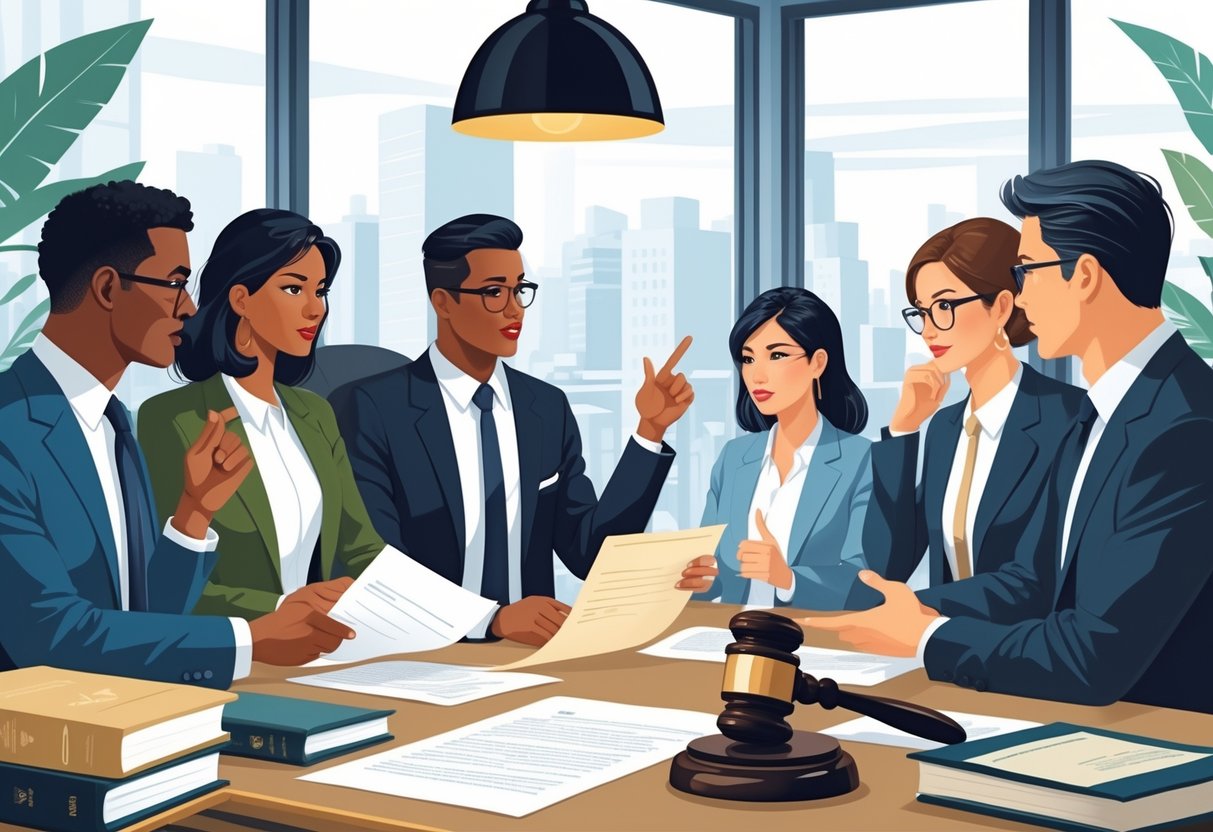 A group of business professionals discussing a contract document around a conference table in an office.