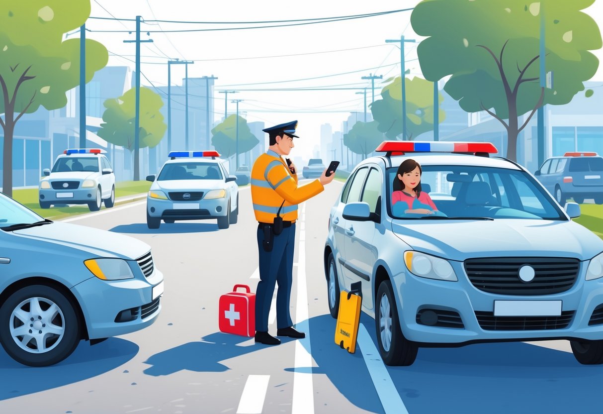 A driver and passenger stand beside a damaged car on the roadside while a police officer arrives and the driver uses a phone to call for help.