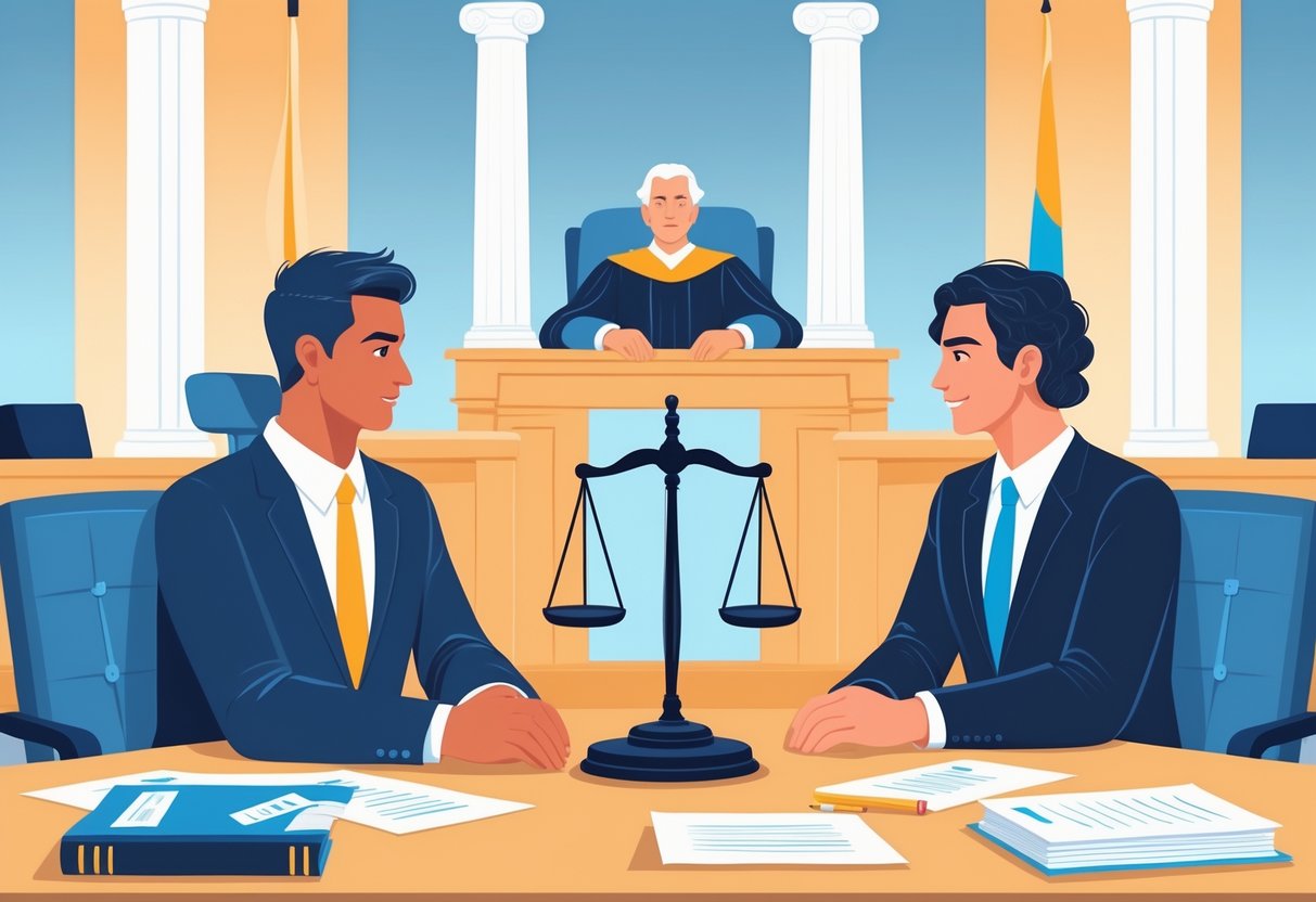 Two people sitting across a courtroom table with a judge behind them, a balanced scale on the table, and legal documents around, representing a civil lawsuit.