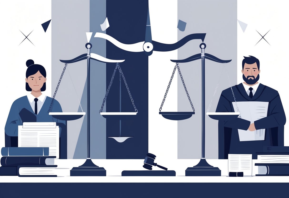 A courtroom scene split into two halves showing the difference between a misdemeanor and a felony, with judges, defendants, and scales of justice on each side.
