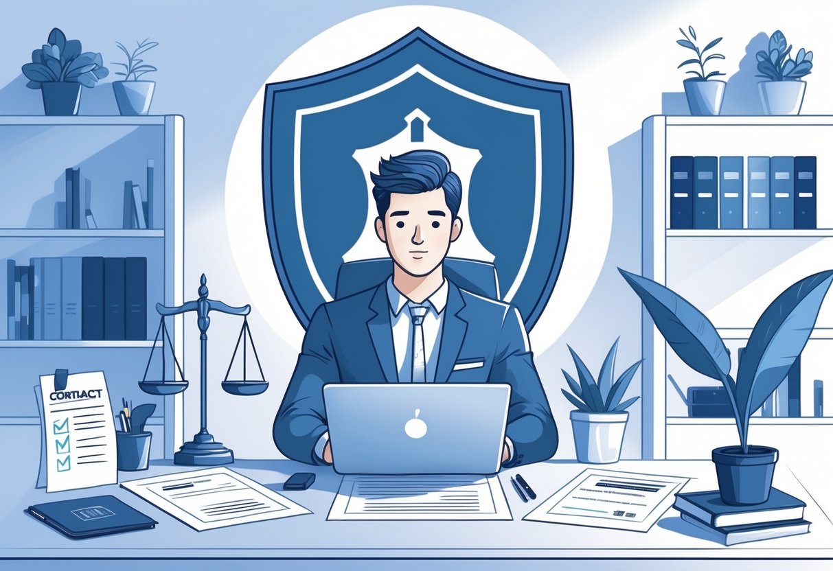 A freelancer at a desk reviewing documents with legal symbols like a shield and scales of justice nearby, in a home office setting.