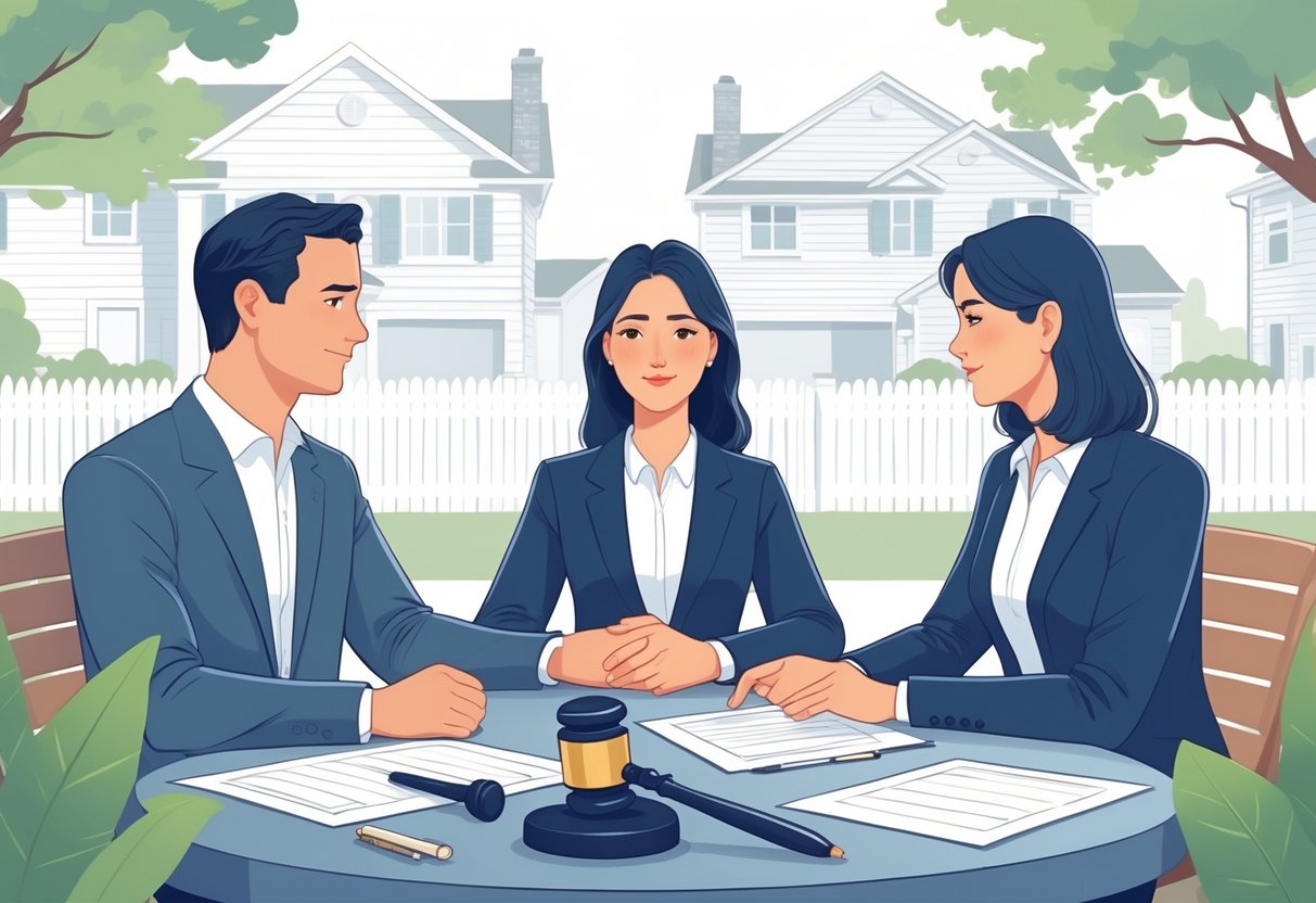 Two neighbors and a mediator sitting at a table in a neighborhood, discussing and resolving a dispute peacefully.